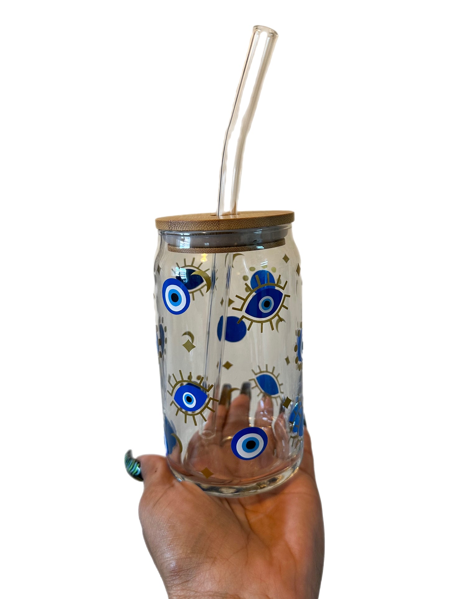 Evil Eye Beer Can Glass with Lid & Straw