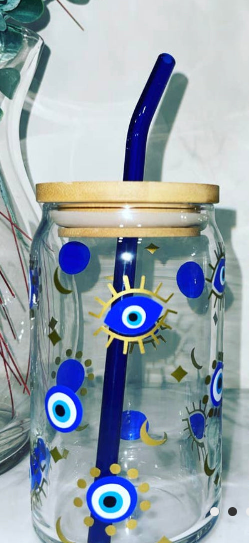 Evil Eye Beer Can Glass with Lid & Straw