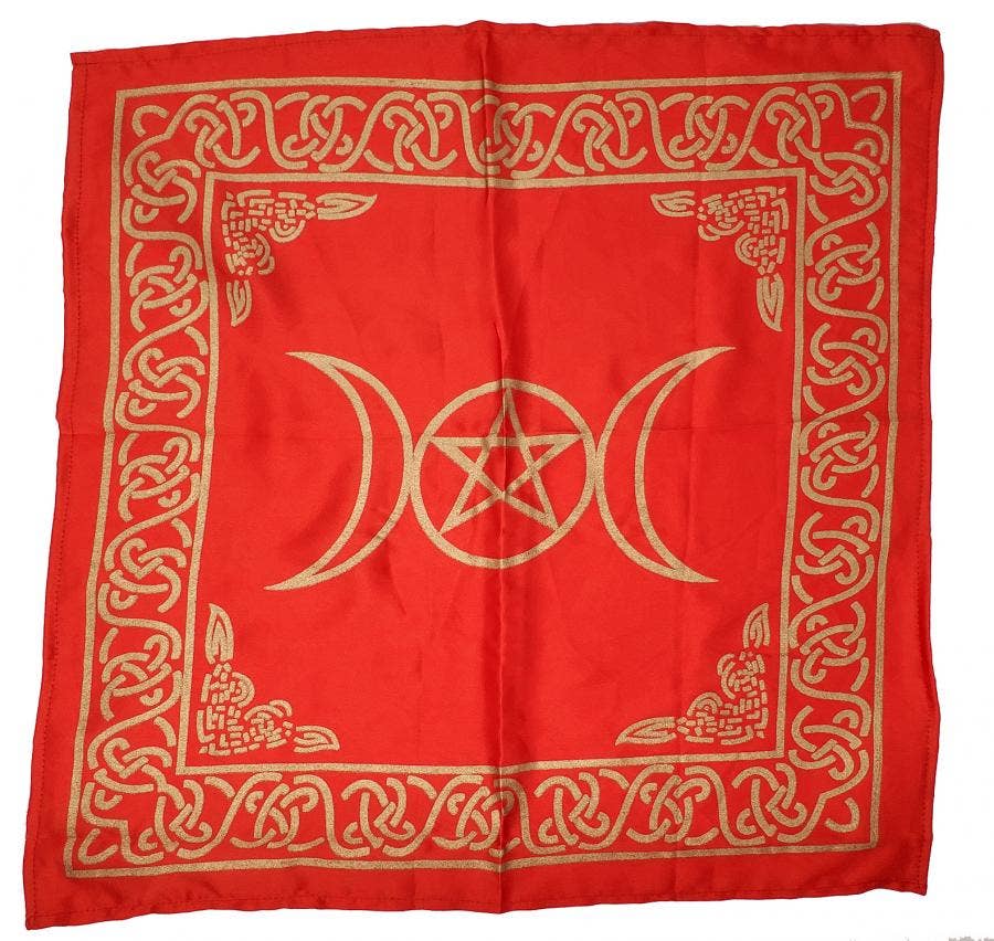 Triple Moon with Pentagram Altar Cloth Golden print RED